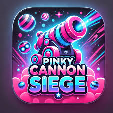 Pinky Cannon Siege gameplay showing 3D cannon launching colorful balls at structures